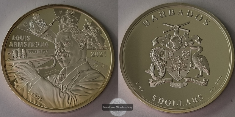  Barbados 5 Dollar 2021 Louis Armstrong FM-Frankfurt Feinsilber: 31,1g   