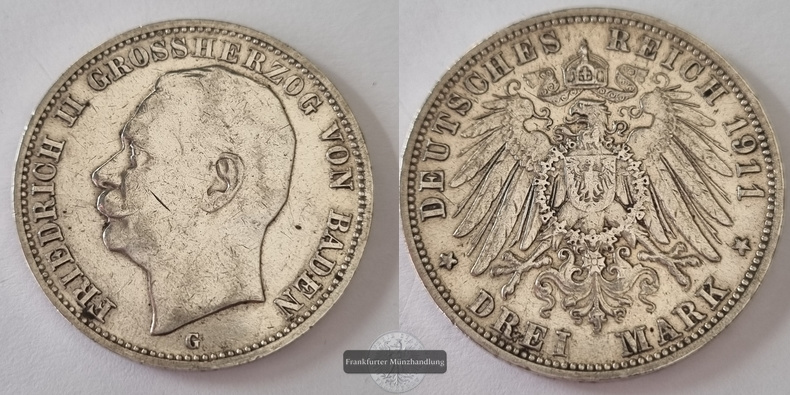 Dt. Kaiserreich Baden 3 Mark 1911 Friedrich II. FM-Frankfurt KM#280 Feinsilber: 15g   