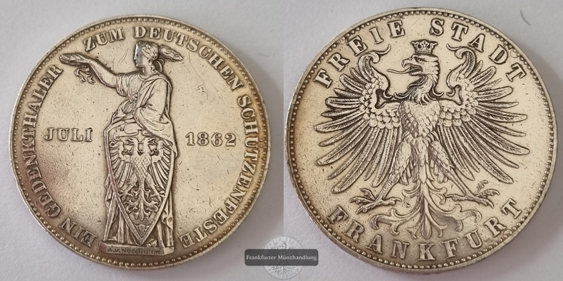  Frankfurt  1 Vereinstaler 1862  FM-Frankfurt KM#371 Feinsilber: 16,66g   