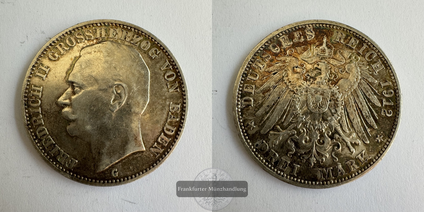  Kaiserreich, Baden  3 Mark  1912 (1908-15) G  Friedrich II. FM-Frankfurt KM#280 Feinsilber: 15g   
