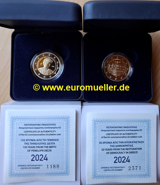 Griechenland 2x 2 Euro Gedenkmünzen 2024...PP...Delta + Demokratie   