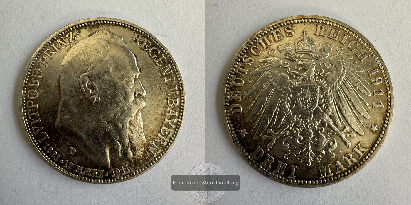  Dt. Kaiserreich, Bayern Luitpold 3 Mark 1911 D FM-Frankfurt KM#998  Feinsilber: 15g   