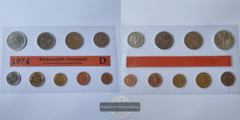  Deutschland, Münzsatz 1974 1 Pfennig - 5 Mark [D] FM-Frankfurt Feinsilber: 7g   