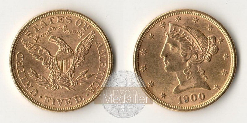 USA  5 Dollar MM-Frankfurt Feingold: 7,5g Kopf mit Krone 1900 