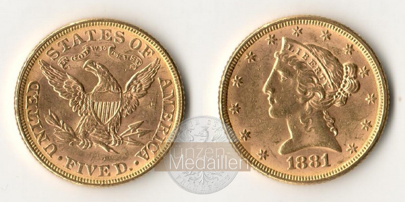 USA  5 Dollar MM-Frankfurt   Feingold: 7,52g Half Eagle 1881 