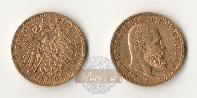 Dt. Kaiserreich Württemberg, Wilhelm II MM-Frankfurt KM#633 Feingold: 3,58g 10 Mark (1893-1913) 1898 F 