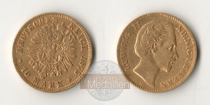 Bayern, Kaiserreich  10 Mark MM-Frankfurt Feingold: 3,58g Ludwig II. 1864-1886 1875 D 