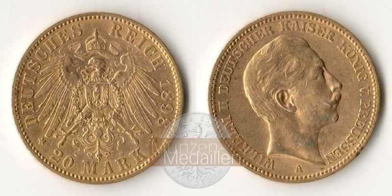 Dt. Kaiserreich Preussen, Wilhelm II. MM-Frankfurt Feingold: 7,17g 20 Mark 1898 A 