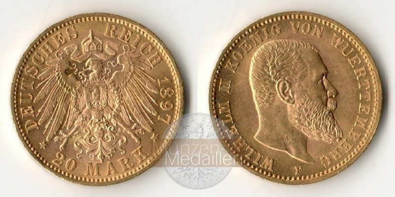 Deutsches Kaiserreich - Württemberg MM-Frankfurt Feingold: 7,17g Wilhelm II., 20 Mark 1897 F 
