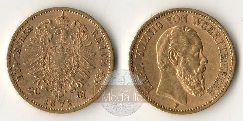 Deutsches Kaiserreich. Württemberg, Karl MM-Frankfurt Feingold: 7,17g 20 Mark 1872 F 