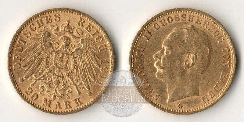 Deutsches Kaiserreich, Baden MM-Frankfurt Feingewicht: 7,17g Gold Friedrich II. 1907-1918. 20 Mark 1911 G 