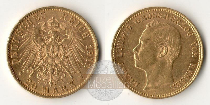 Hessen, Kaiserreich MM-Frankfurt Feingold: 7,17g 20 Mark Ernst Ludwig Großherzog 1911 A 