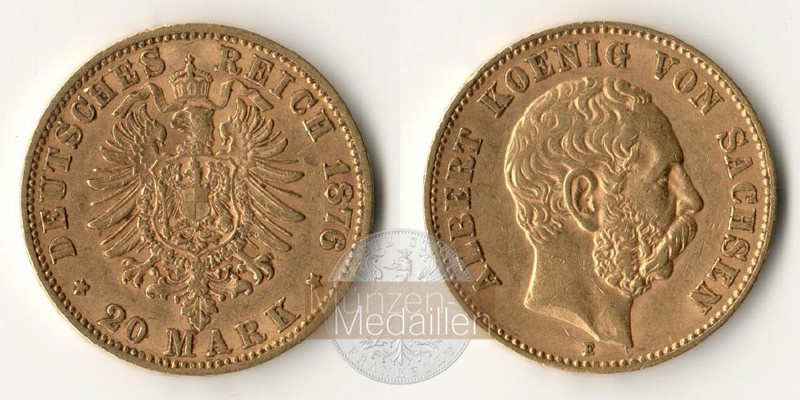 Sachsen, Kaiserreich  20 Mark MM-Frankfurt Feingold: 7,17g Albert 1873-1902 1876 E 