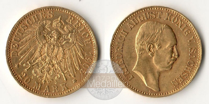 Sachsen, Kaiserreich  20 Mark MM-Frankfurt Feingold: 7,17g Friedrich August 1904 - 1918 1905 E 