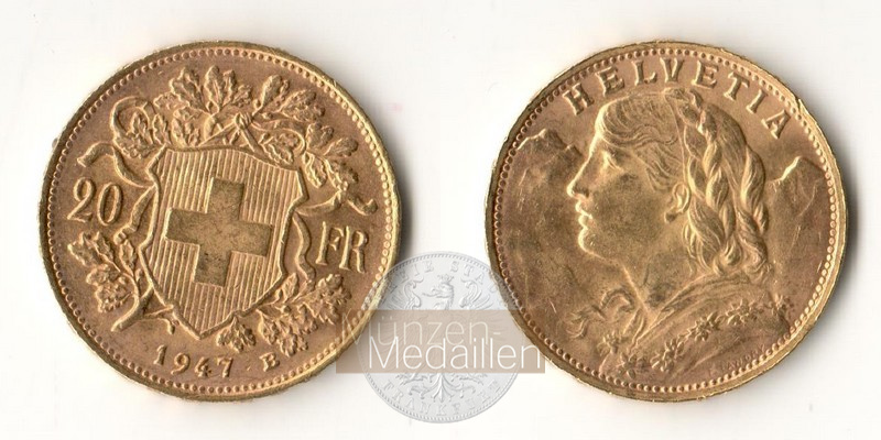 Schweiz  20sFR MM-Frankfurt Feingold: 5,81g Vreneli 1947 B 