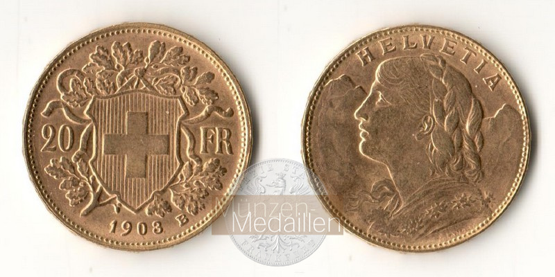 Schweiz MM-Frankfurt Feingewicht 5,81g Gold 20 sFR (Vreneli) 1903 B sehr schön