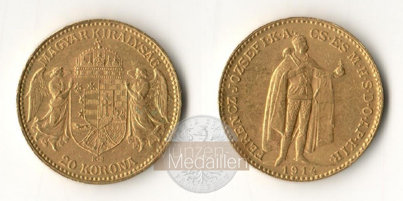 Ungarn, Franz Joseph I. 1848-1916. MM-Frankfurt Feingewicht 6,10g 20 Kronen 1914 KB 