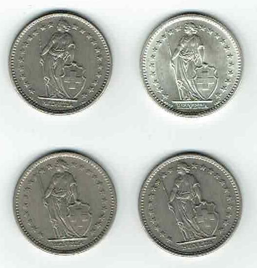 Schweiz - Lot mit 4 Münzen 2 Franken 1967-1968-1969-1974
