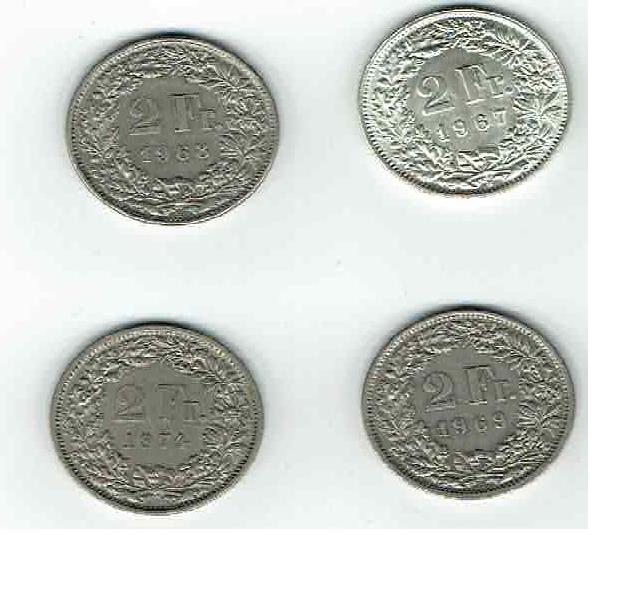  Schweiz - Lot mit 4 Münzen 2 Franken 1967-1968-1969-1974   