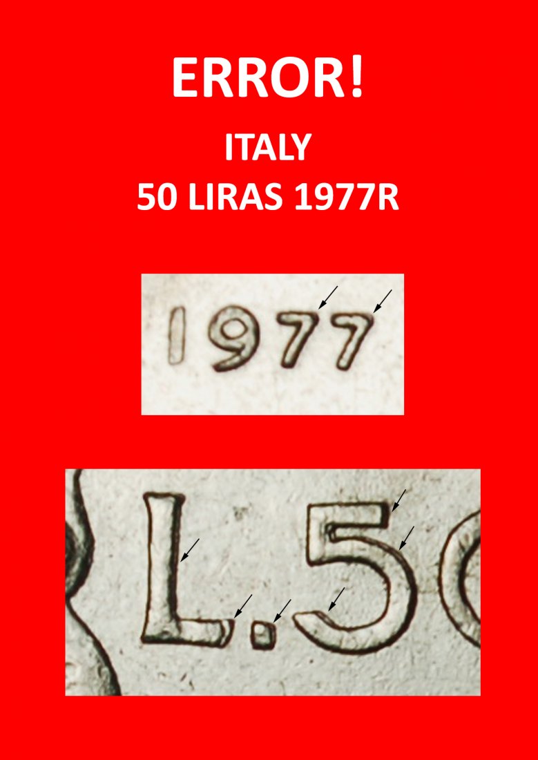 Ⰶ NUDE VULCAN (1954-1989): ITALY ★ 50 LIRAS 1977R! ERROR! MINT LUSTRE!★LOW START ★ NO RESERVE!