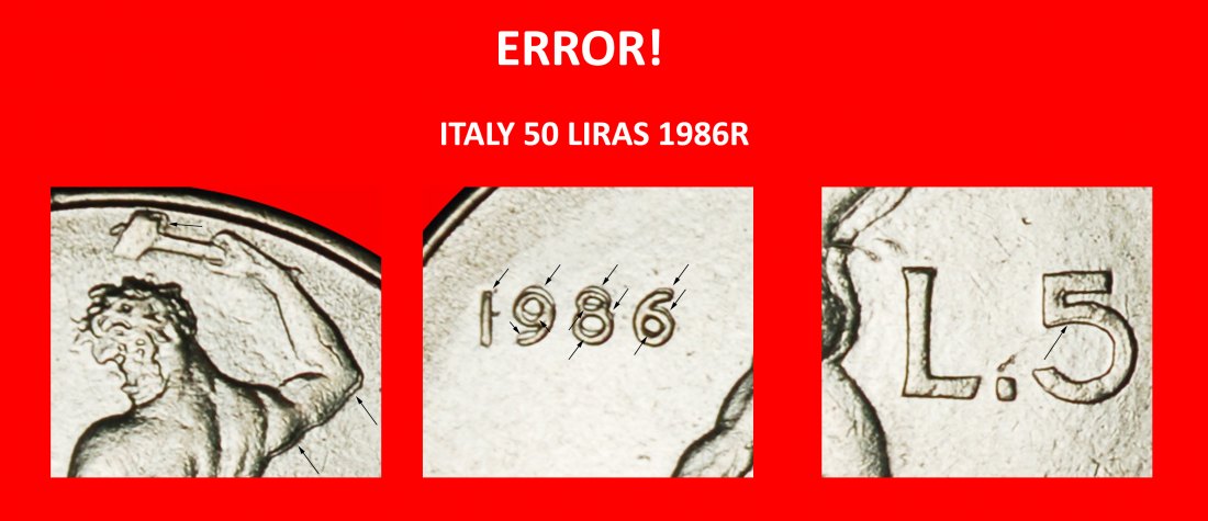 Ⰶ NUDE VULCAN (1954-1989): ITALY ★ 50 LIRAS 1986R! ERROR! MINT LUSTRE!★LOW START ★ NO RESERVE!