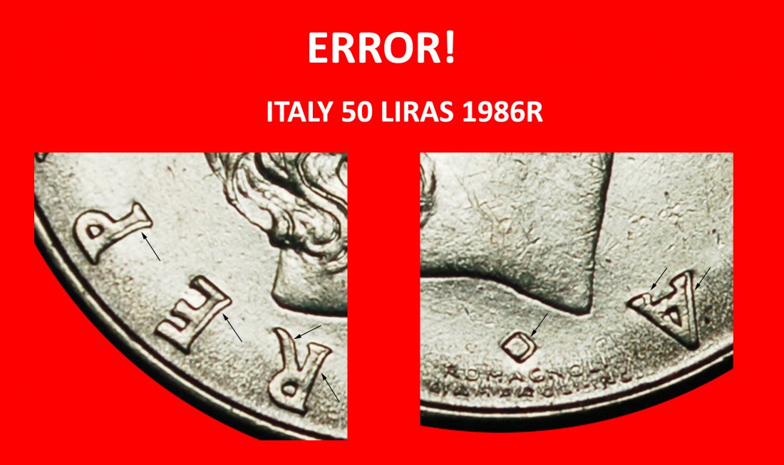  Ⰶ NUDE VULCAN (1954-1989): ITALY ★ 50 LIRAS 1986R! ERROR! MINT LUSTRE!★LOW START ★ NO RESERVE!   