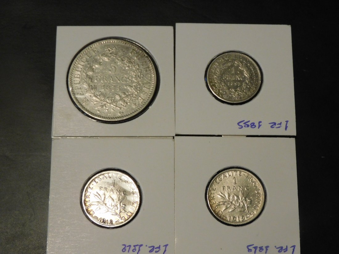  FRANCE 3X 1 FRANC 1895-1912-19-5 FRANCS 1875.GRADE-PLEASE SEE PHOTOS.   