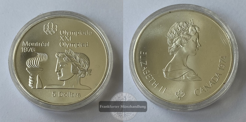  Kanada  5 Dollar  1974 Montreal 1976-Athlet mit Fackel  FM-Frankfurt   Feinsilber: 22,5g   