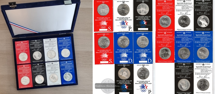  USA, 1983/1984 Olympic Silver Dollar (8 Münzen) LOT FM-Frankfurt Feinsilber: 192,5g   