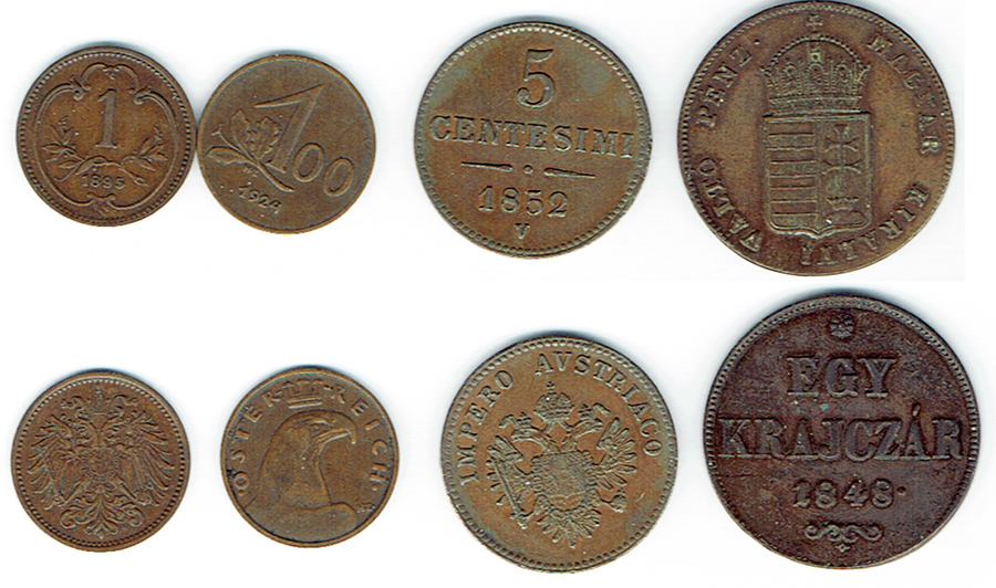  SZAIVERT KAISERREICH 1. REPUBLIK ÖSTERREICH 4 KUPFERMÜNZEN 1 HELLER 100 KRONEN 5 CENTESIMI 1 KREUZER   