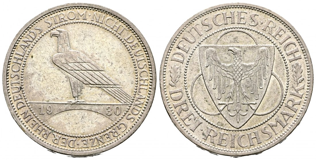 PEUS 2706 Weimarer Republik Zur Rheinland-Räumung 3 Reichsmark 1930 A Kl. Randfehler, Sehr schön