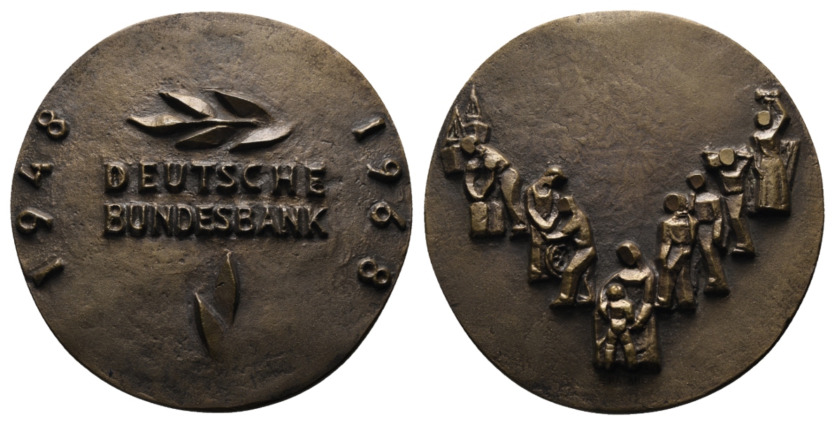  Medaille;  20 Jahre Deutsche Bundesbank 1948-1968; Bronze; 305 g; Ø 77,5 mm; in Schatulle   