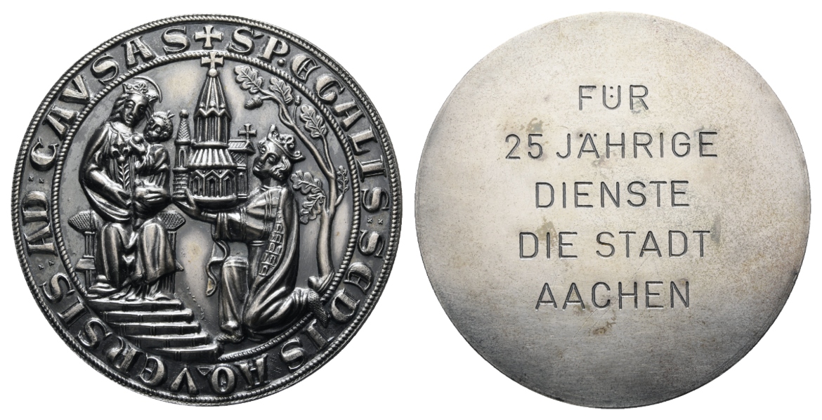  Medaille; Für 25 jährige Dienste Die Stadt Aachen; vers. Bronze; 120,62 g; Ø 73,1 mm; in Schatulle   