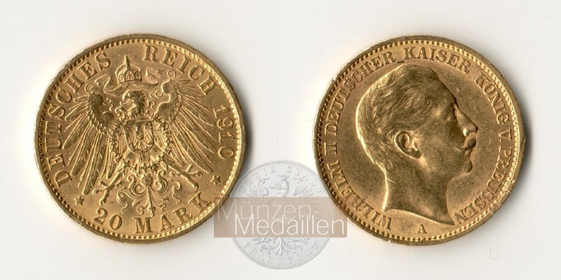 Dt. Kaiserreich. Preussen MM-Frankfurt Feingold: 7,17g 20 Mark 1910 A 