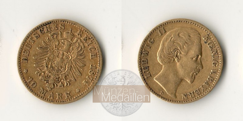 Deutsches Kaiserreich, Bayern. MM-Frankfurt Feingold: 3,58g Ludwig II. 1864-1886. 10 Mark 1874 D 