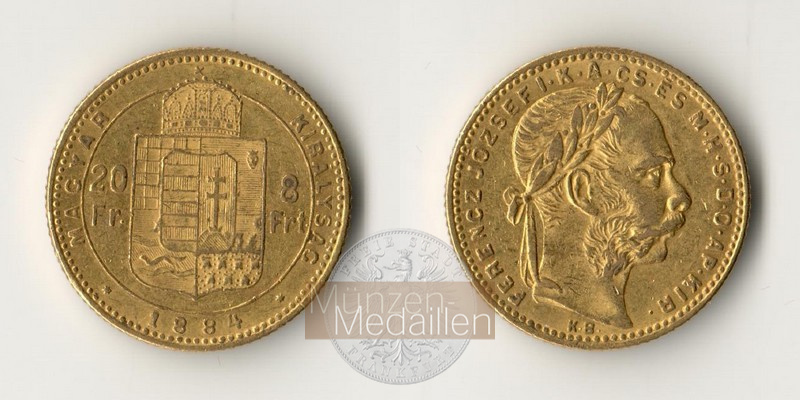Ungarn, Königreich 1867-1918 MM-Frankfurt Feingewicht 5,81g 8 Forint 1884 KB 