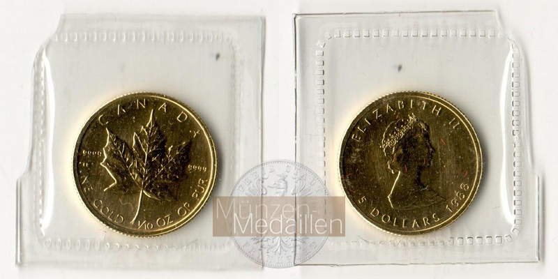 Kanada MM-Frankfurt Feingewicht: 3,11g Gold 5 Dollar Maple Leaf 1988 stempelglanz -eingeschweisst-