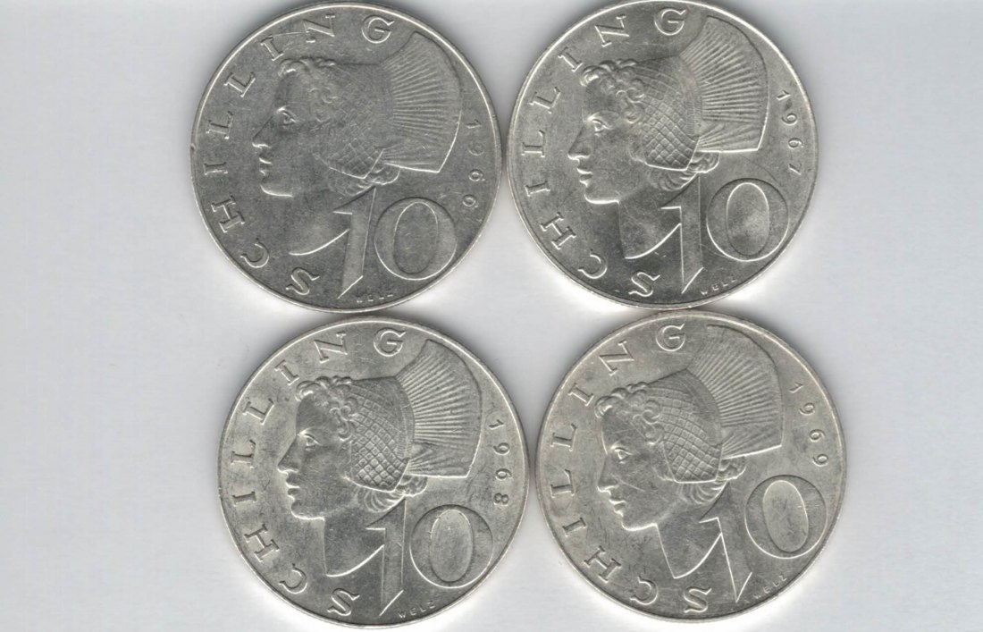  10 Schilling 1966 1967 1968 1969 Ag silber á 4,8g fein Österreich 2. Republik Spittalgold9800 (4785)   