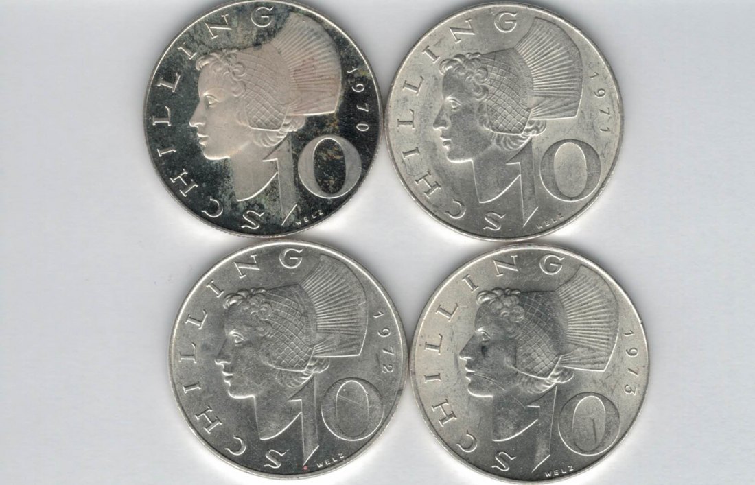  10 Schilling 1970 1971 1972 1973 Ag silber á 4,8g fein Österreich 2. Republik Spittalgold9800 (4785)   