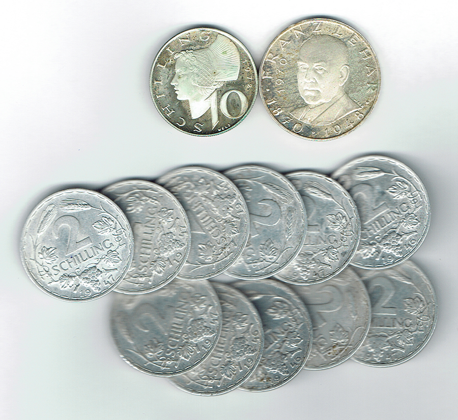  SZAIVERT ÖSTERREICH 2. REPUBLIK 2 SCHILLING 1946 1947 25 SCHILLING 1970 LEHAR 10 SCHILLING 1972   