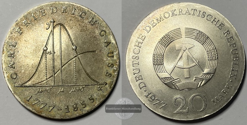  DDR  20 Mark  1977  Carl Friedrich Gauß  FM-Frankfurt  Km#66 Feinsilber: 10,45g   