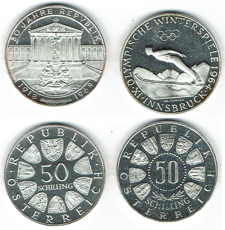  SZAIVERT ÖSTERREICH 2. REPUBLIK 50 SCHILLING 1964 INNSBRUCK SCHISPRINGEN 1968 PARLAMENT PP   