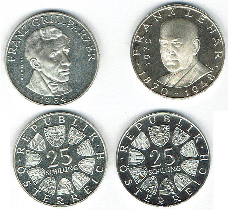 SZAIVERT ÖSTERREICH 2. REPUBLIK 25 SCHILLING 1964 GRILLPARZER 1970 FRANZ LEHAR PP   