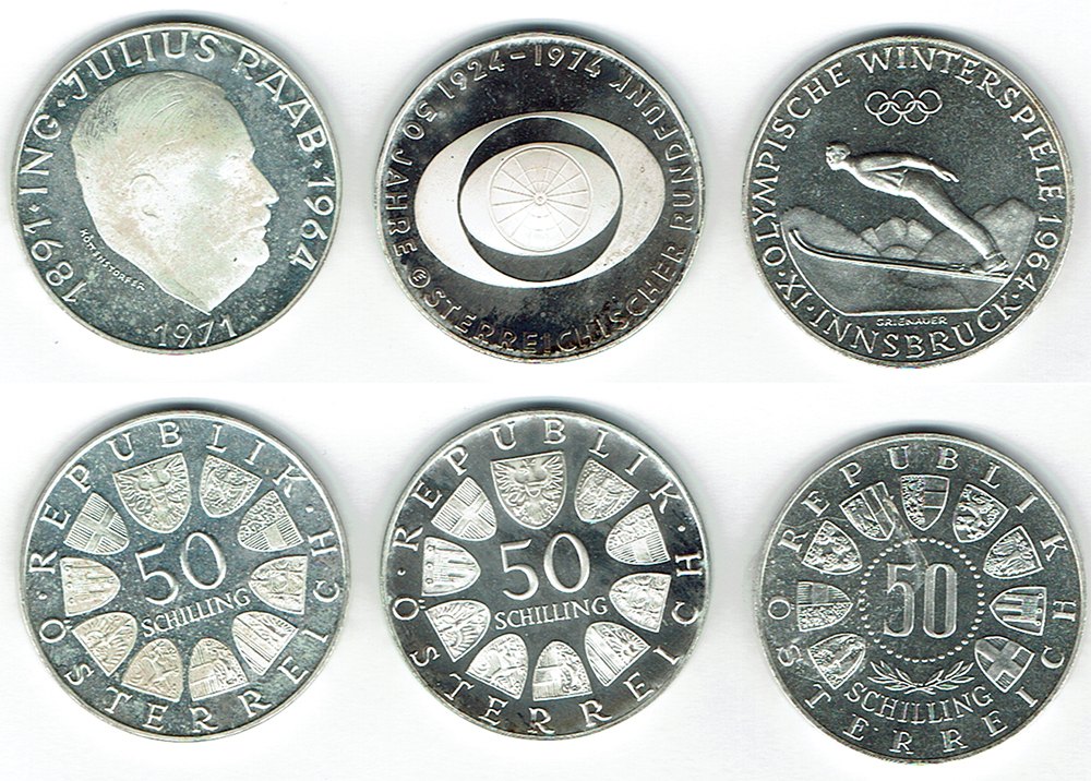  SZAIVERT ÖSTERREICH 2. REPUBLIK 50 SCHILLING 1964 INNSBRUCK OLYMPIA 1971 JULIUS RAAB 1974 ORF PP   