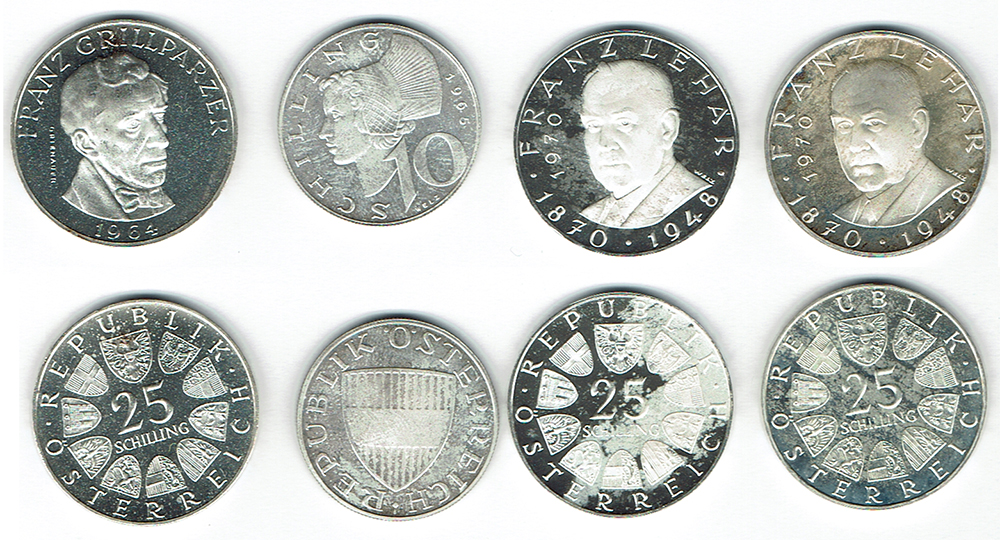  SZAIVERT ÖSTERREICH 2. REPUBLIK 25 SCHILLING 1964 GRILLPARZER 1970 FRANZ LEHAR 10 SCHILLING 1965   