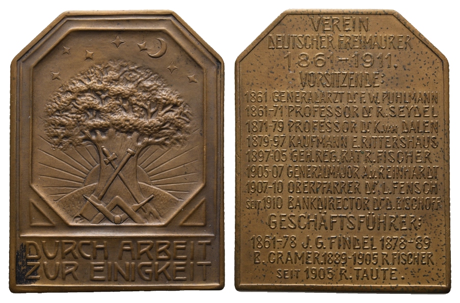  Plakette 1911; Freimaurer; Bronze; 40,84 g, H 48,36 mm x B 36,70 mm   