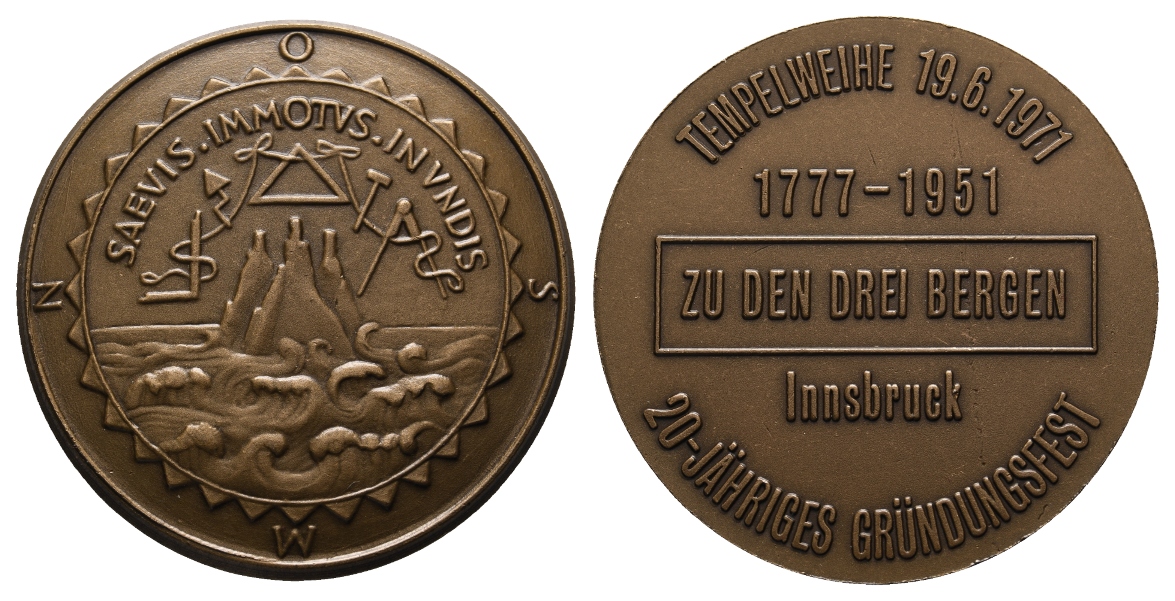  Medaille; Freimaurer; Innsbruck; Tempelweihe 1971; Bronze; 45,56 g, Ø 49,58 mm   