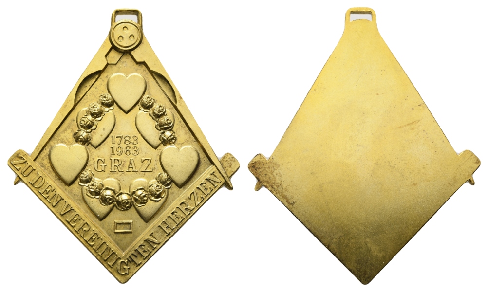 Medaille 1963; Freimaurer; Graz; Zu den vereinigten Herzen; vergoldete Bronze; tragbar; 38,56 g   