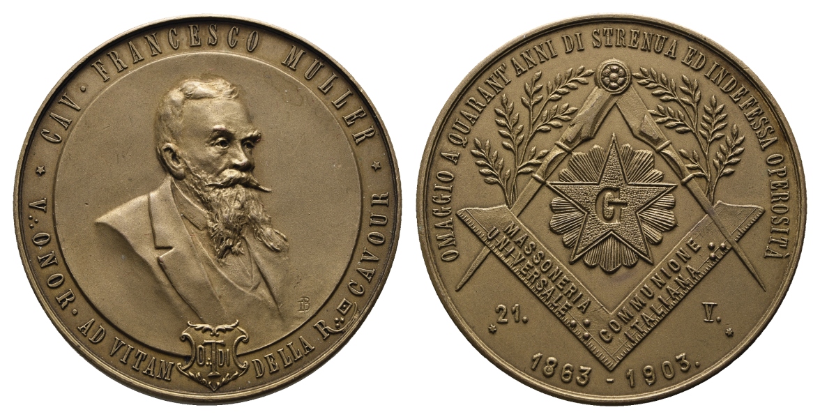 Medaille 1903; Freimaurer; Cav. Francesco Müller; Bronze; 43,98 g; Ø 49,87 mm   