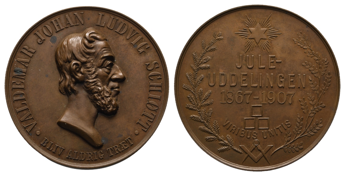  Medaille 1907; Freimaurer; Valdemar Johann Ludvig Schiott; Bronze; 60,04 g; Ø 50,89 mm   